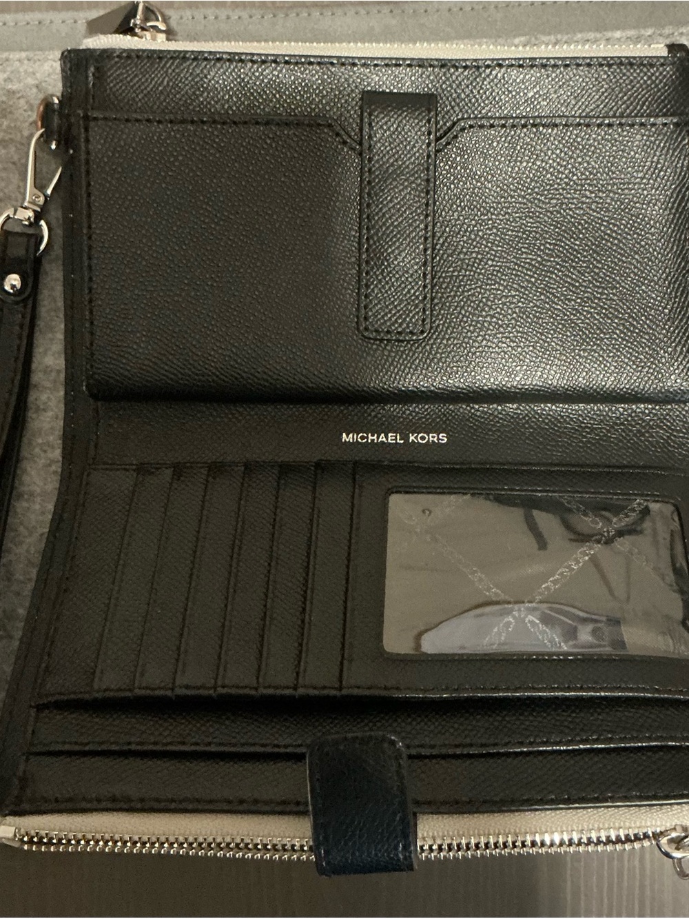 Michael Kors Black Leather Wristlet Wallet with ID Window and Card Slots